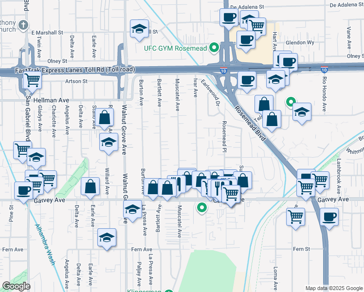 map of restaurants, bars, coffee shops, grocery stores, and more near 3204 Muscatel Avenue in Rosemead