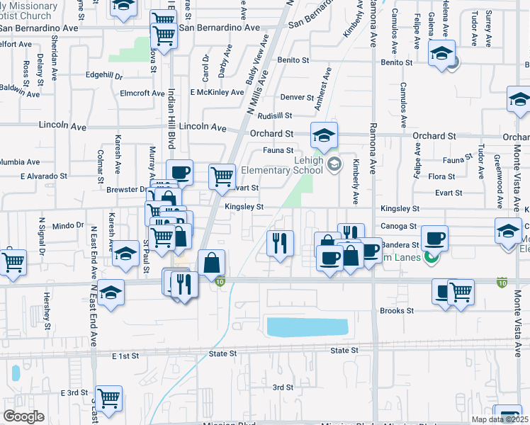 map of restaurants, bars, coffee shops, grocery stores, and more near 4193 Kingsley Street in Montclair