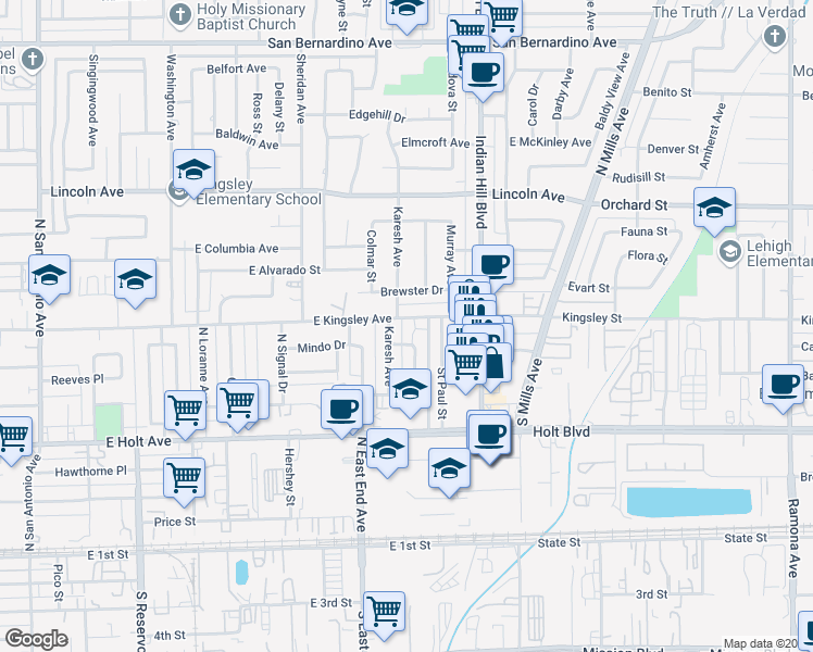 map of restaurants, bars, coffee shops, grocery stores, and more near 1444 East Kingsley Avenue in Pomona