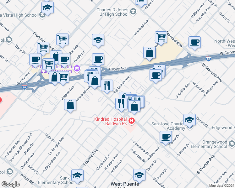 map of restaurants, bars, coffee shops, grocery stores, and more near 1661 Puente Avenue in Baldwin Park