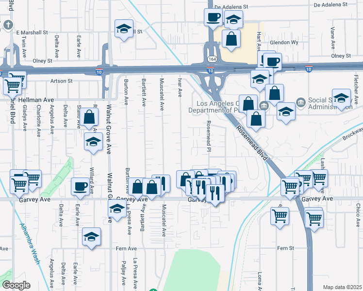 map of restaurants, bars, coffee shops, grocery stores, and more near 3168 Ivar Avenue in Rosemead