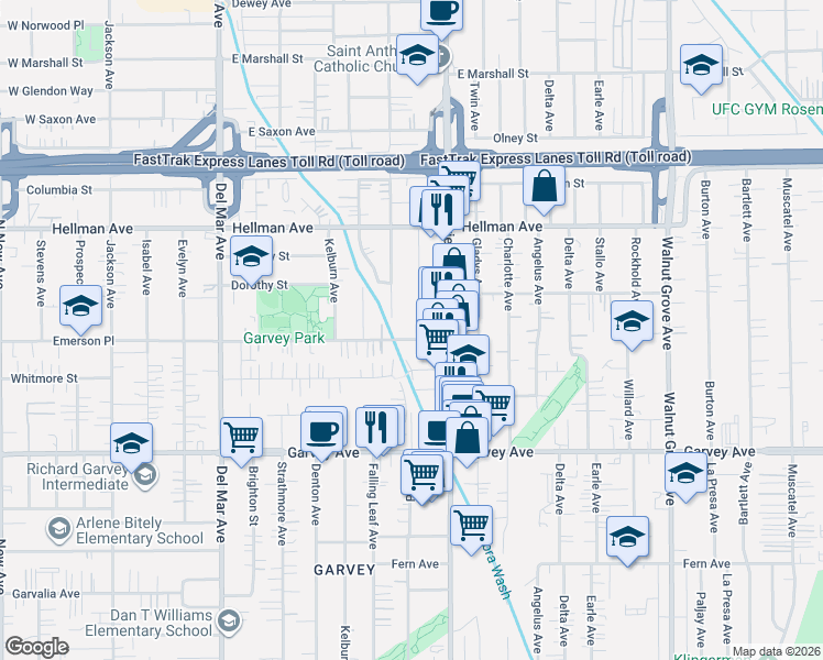 map of restaurants, bars, coffee shops, grocery stores, and more near 8123 Emerson Place in Rosemead