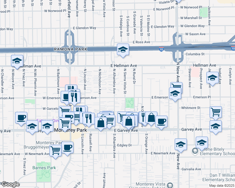 map of restaurants, bars, coffee shops, grocery stores, and more near 417 East Emerson Avenue in Monterey Park