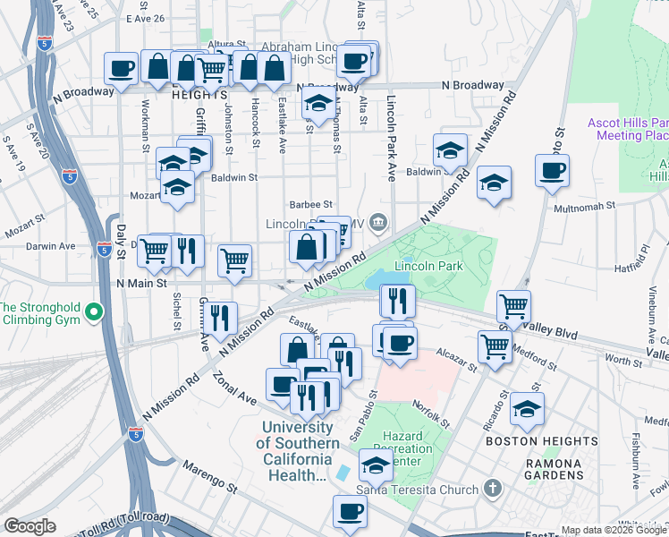 map of restaurants, bars, coffee shops, grocery stores, and more near 3317 North Mission Road in Los Angeles