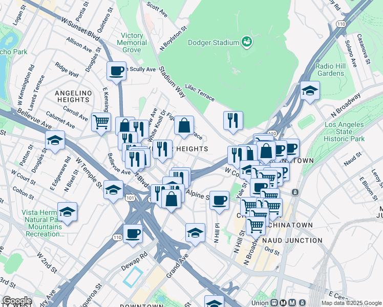 map of restaurants, bars, coffee shops, grocery stores, and more near 918 West College Street in Los Angeles