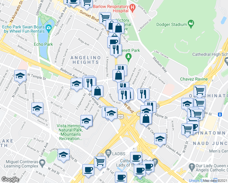map of restaurants, bars, coffee shops, grocery stores, and more near 1175 Bellevue Avenue in Los Angeles