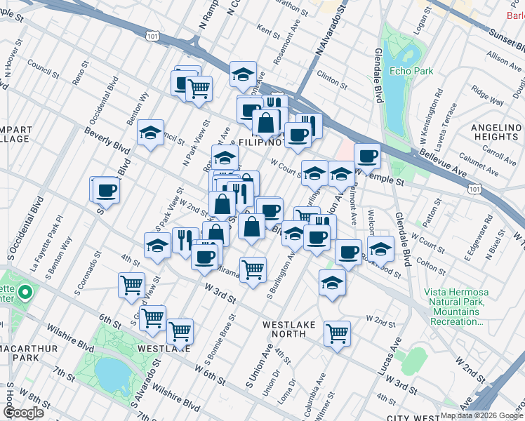map of restaurants, bars, coffee shops, grocery stores, and more near 103 North Westlake Avenue in Los Angeles