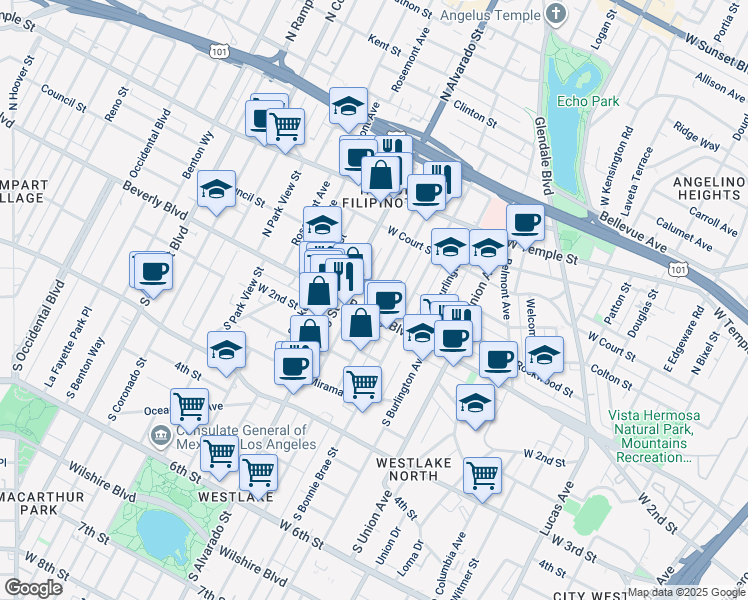 map of restaurants, bars, coffee shops, grocery stores, and more near 103 North Westlake Avenue in Los Angeles