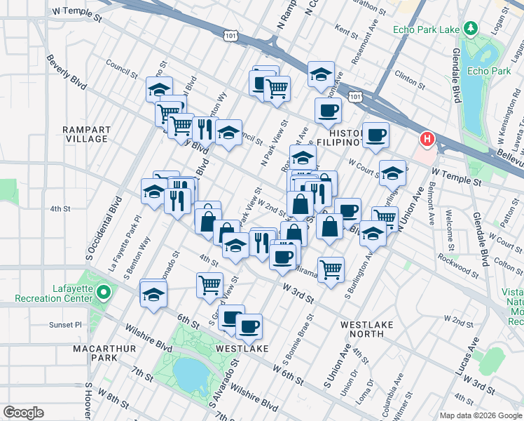map of restaurants, bars, coffee shops, grocery stores, and more near 217 Crandall Street in Los Angeles