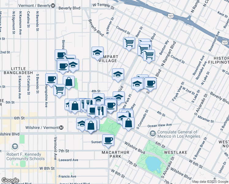 map of restaurants, bars, coffee shops, grocery stores, and more near 400 South Hoover Street in Los Angeles