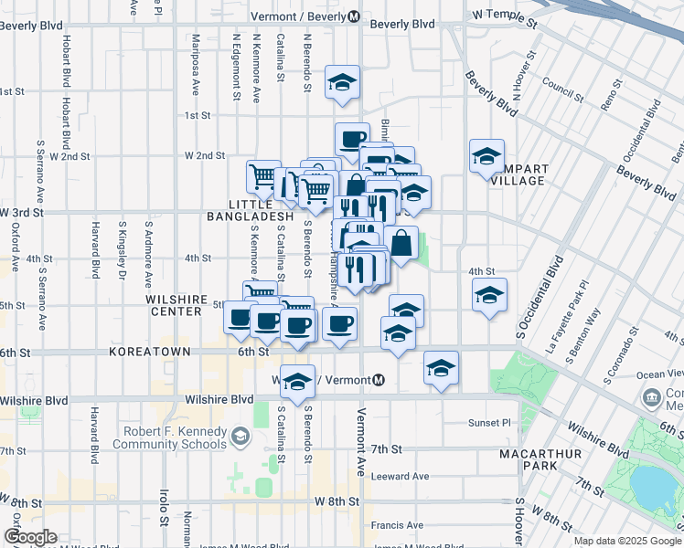 map of restaurants, bars, coffee shops, grocery stores, and more near 426 South New Hampshire Avenue in Los Angeles