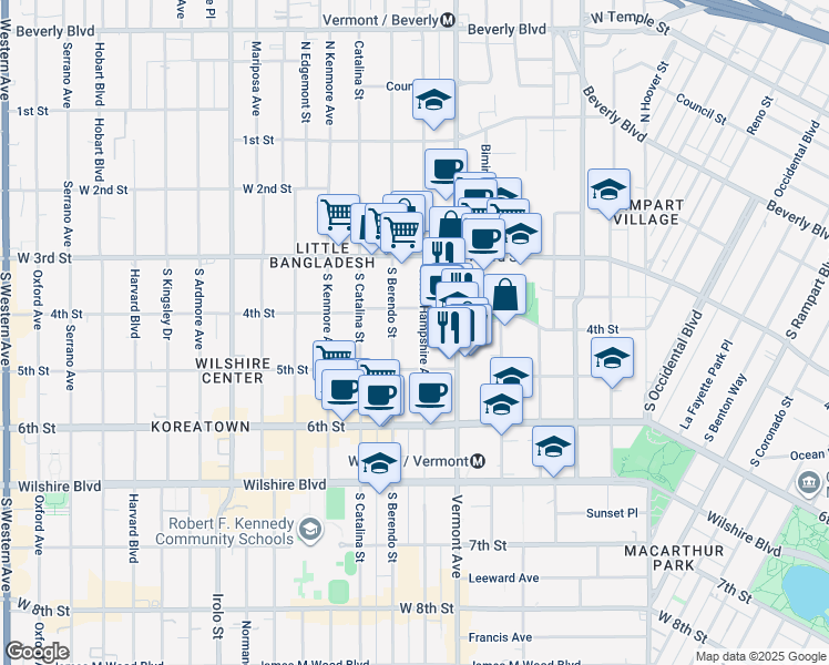 map of restaurants, bars, coffee shops, grocery stores, and more near 433 South New Hampshire Avenue in Los Angeles