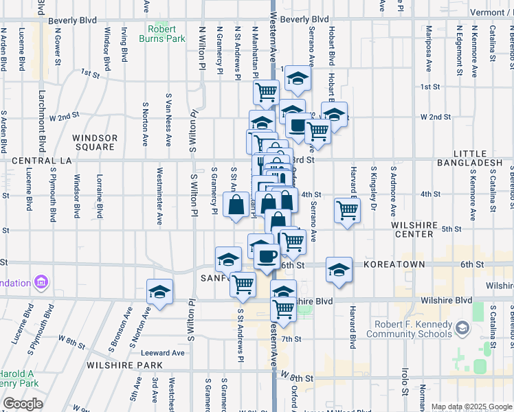 map of restaurants, bars, coffee shops, grocery stores, and more near 450 South Western Avenue in Los Angeles