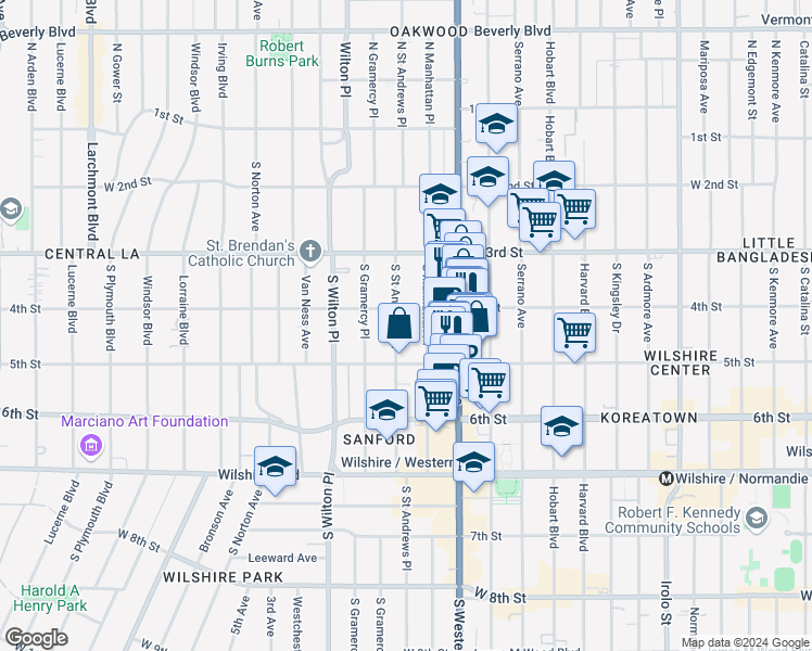 map of restaurants, bars, coffee shops, grocery stores, and more near 420 South Saint Andrews Place in Los Angeles