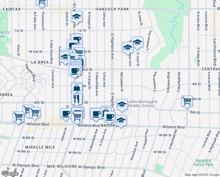 map of restaurants, bars, coffee shops, grocery stores, and more near 412 South Citrus Avenue in Los Angeles