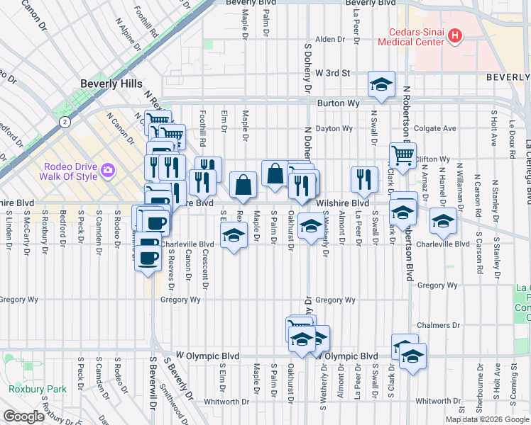 map of restaurants, bars, coffee shops, grocery stores, and more near 121 South Palm Drive in Beverly Hills