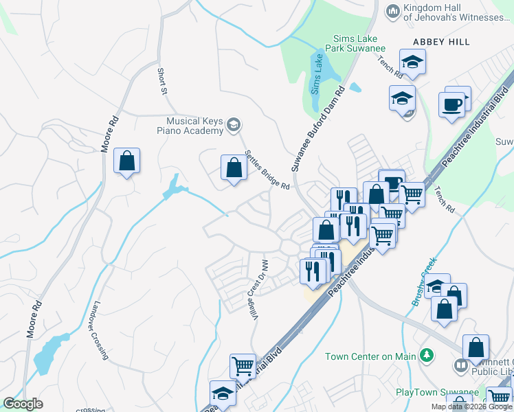 map of restaurants, bars, coffee shops, grocery stores, and more near 4541 Arbor Crest Court in Suwanee