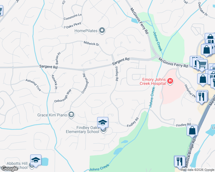 map of restaurants, bars, coffee shops, grocery stores, and more near 215 Ascalon Court in Alpharetta