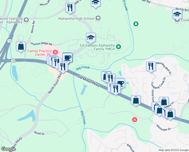 map of restaurants, bars, coffee shops, grocery stores, and more near 3542 Old Milton Parkway in Alpharetta