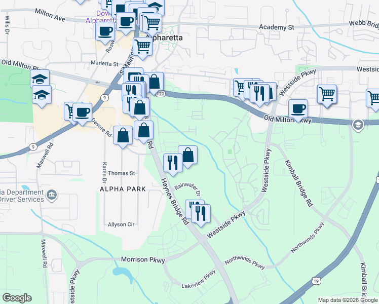 map of restaurants, bars, coffee shops, grocery stores, and more near 11675 Rainwater Drive in Alpharetta