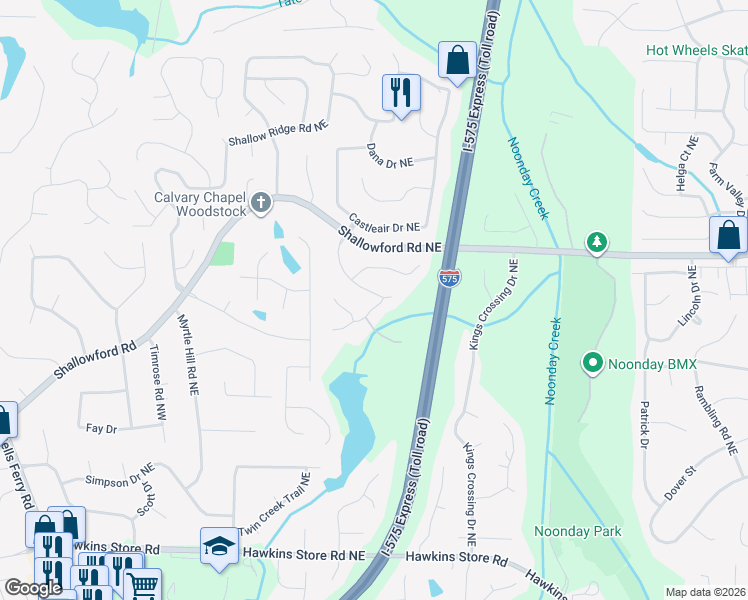 map of restaurants, bars, coffee shops, grocery stores, and more near 268 Rustic Ridge Drive in Kennesaw