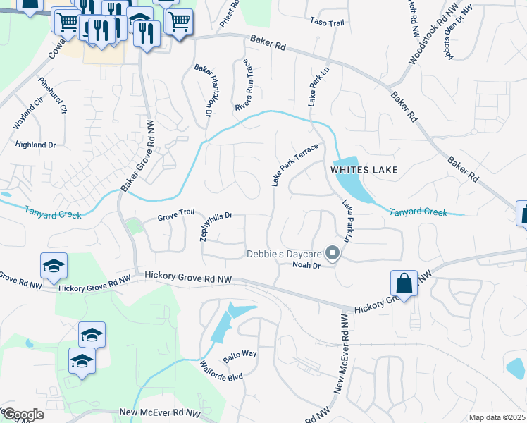 map of restaurants, bars, coffee shops, grocery stores, and more near 3106 Bridgewalk Trail in Acworth