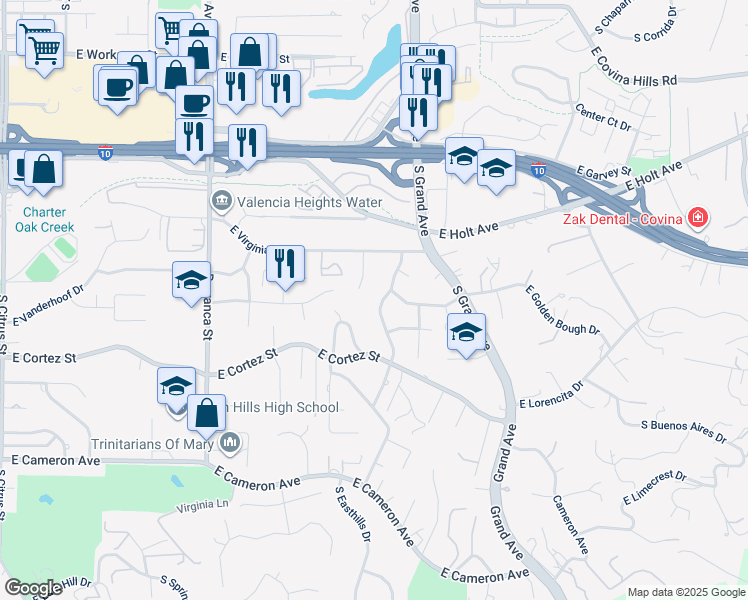 map of restaurants, bars, coffee shops, grocery stores, and more near 417 South Charvers Avenue in West Covina