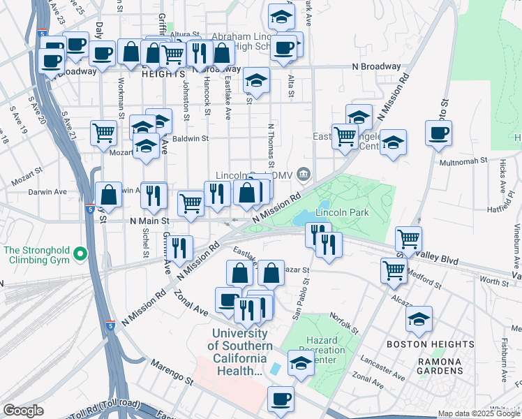 map of restaurants, bars, coffee shops, grocery stores, and more near 3317 North Mission Road in Los Angeles