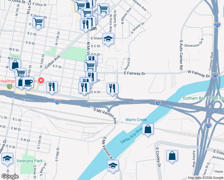 map of restaurants, bars, coffee shops, grocery stores, and more near 881 East H Street in Colton