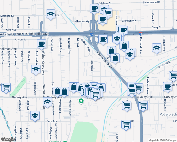 map of restaurants, bars, coffee shops, grocery stores, and more near 8951 Emerson Pl in Rosemead