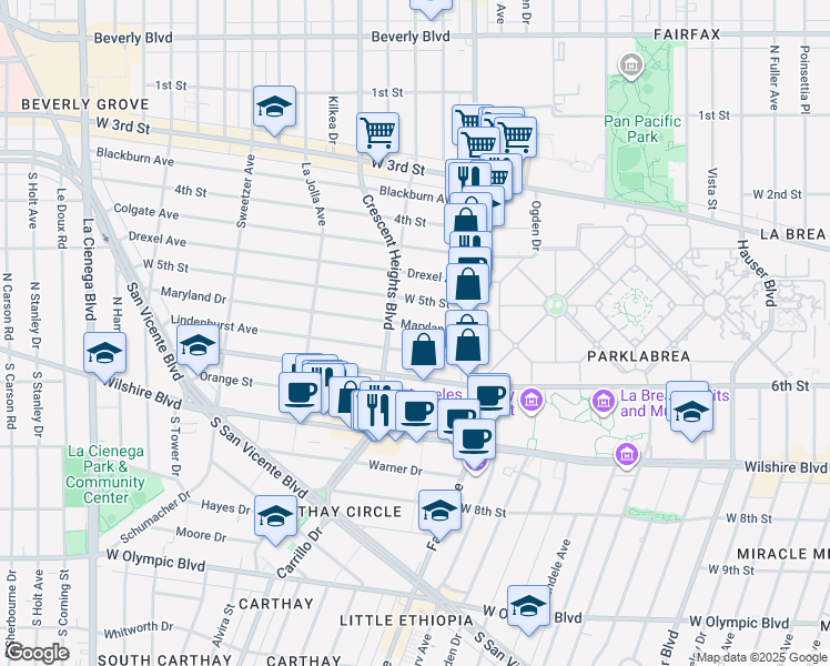 map of restaurants, bars, coffee shops, grocery stores, and more near 6216 Maryland Drive in Los Angeles