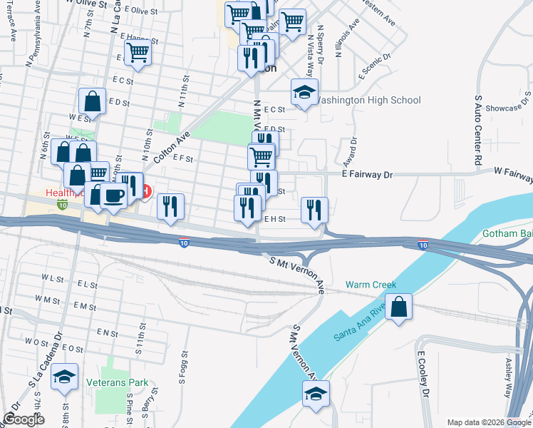 map of restaurants, bars, coffee shops, grocery stores, and more near 805 East H Street in Colton