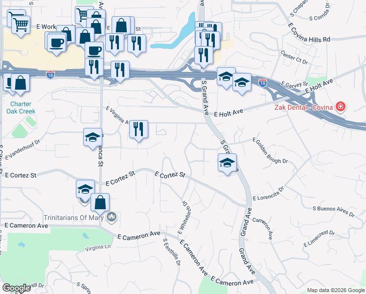 map of restaurants, bars, coffee shops, grocery stores, and more near 417 South Charvers Avenue in West Covina
