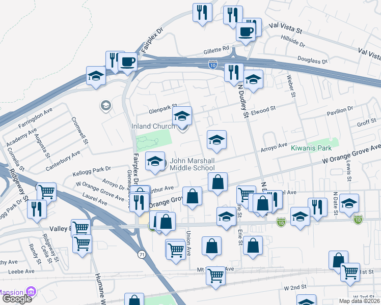 map of restaurants, bars, coffee shops, grocery stores, and more near 1731 Pavilion Drive in Pomona