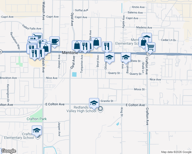 map of restaurants, bars, coffee shops, grocery stores, and more near 1109 Beryl Avenue in Mentone