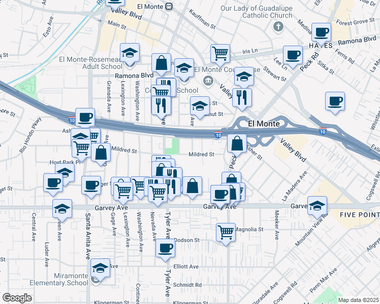 map of restaurants, bars, coffee shops, grocery stores, and more near 3203 Utah Avenue in El Monte