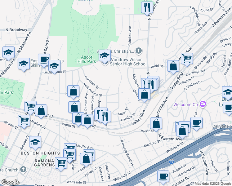 map of restaurants, bars, coffee shops, grocery stores, and more near 4567 Yellowstone Street in Los Angeles