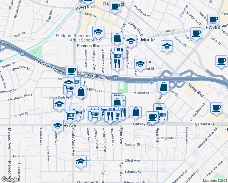 map of restaurants, bars, coffee shops, grocery stores, and more near 3210 Nevada Avenue in El Monte
