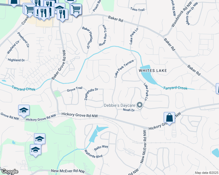 map of restaurants, bars, coffee shops, grocery stores, and more near 3110 Bridgewalk Trail in Acworth