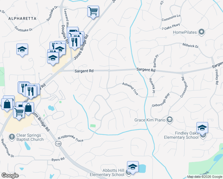 map of restaurants, bars, coffee shops, grocery stores, and more near 5475 Ashwind Trce in Alpharetta
