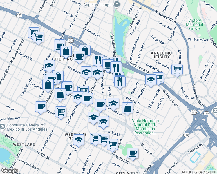 map of restaurants, bars, coffee shops, grocery stores, and more near 1600 West Court Street in Los Angeles