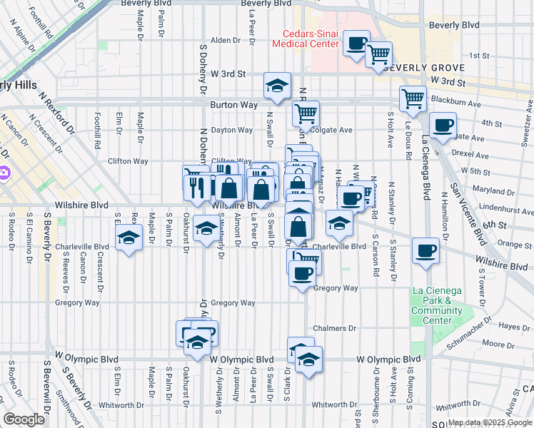 map of restaurants, bars, coffee shops, grocery stores, and more near 121 South Swall Drive in Beverly Hills
