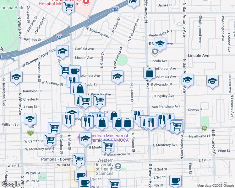 map of restaurants, bars, coffee shops, grocery stores, and more near 920 North Palomares Street in Pomona