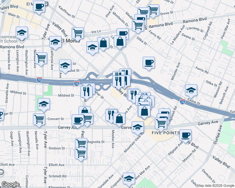 map of restaurants, bars, coffee shops, grocery stores, and more near 11634 East Valley Boulevard in El Monte