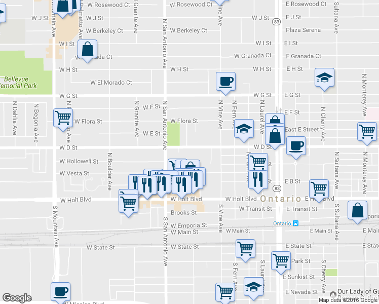 map of restaurants, bars, coffee shops, grocery stores, and more near 607 West D Street in Ontario