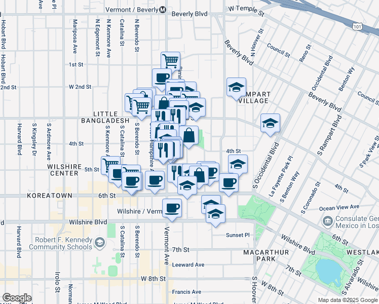 map of restaurants, bars, coffee shops, grocery stores, and more near 404 Shatto Place in Los Angeles