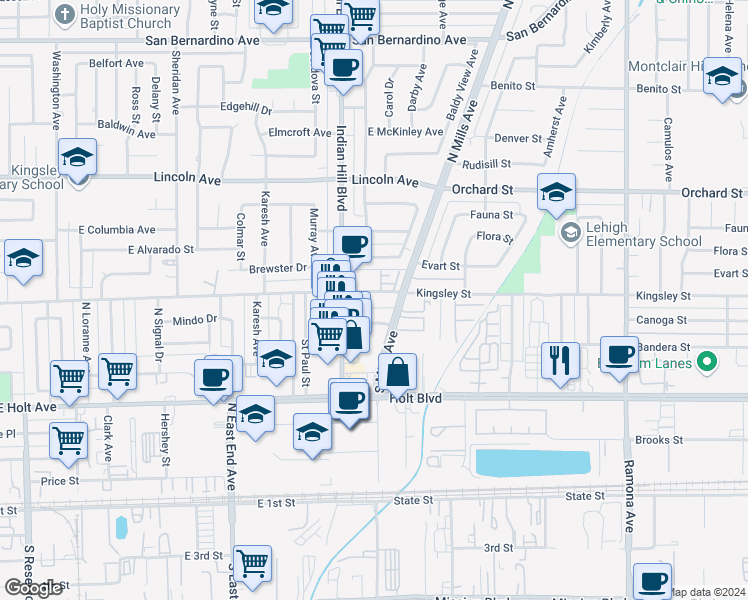 map of restaurants, bars, coffee shops, grocery stores, and more near 1652 East Kingsley Avenue in Pomona