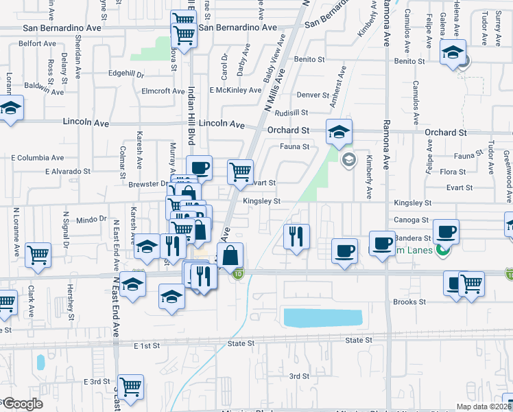 map of restaurants, bars, coffee shops, grocery stores, and more near 4115 Kingsley Street in Montclair
