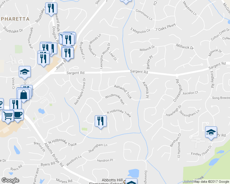 map of restaurants, bars, coffee shops, grocery stores, and more near 11675 Windbrooke Way in Alpharetta