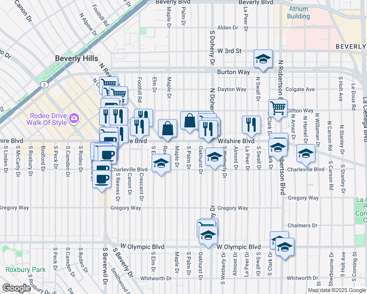 map of restaurants, bars, coffee shops, grocery stores, and more near 9200 Wilshire Boulevard in Beverly Hills